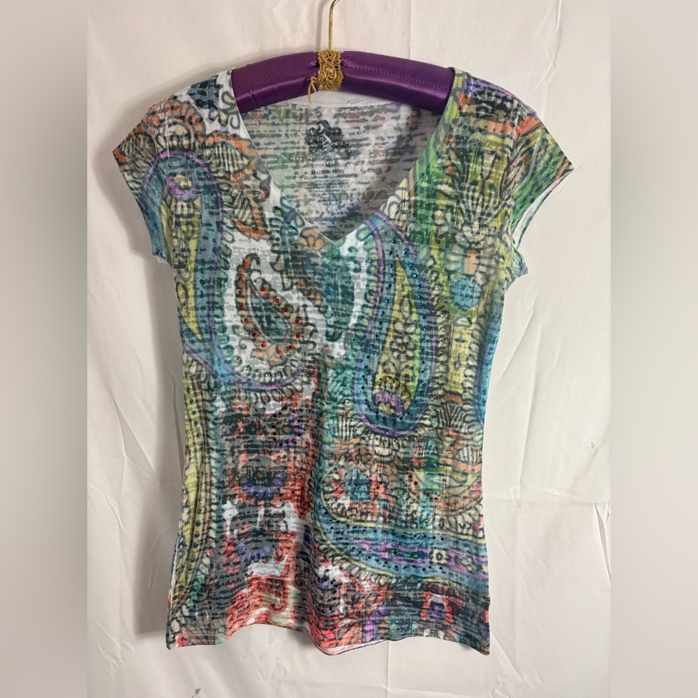 Early 2000s Style Jewel Embellished Cybergrunge Boho Graphic V-Neck‎ Size M